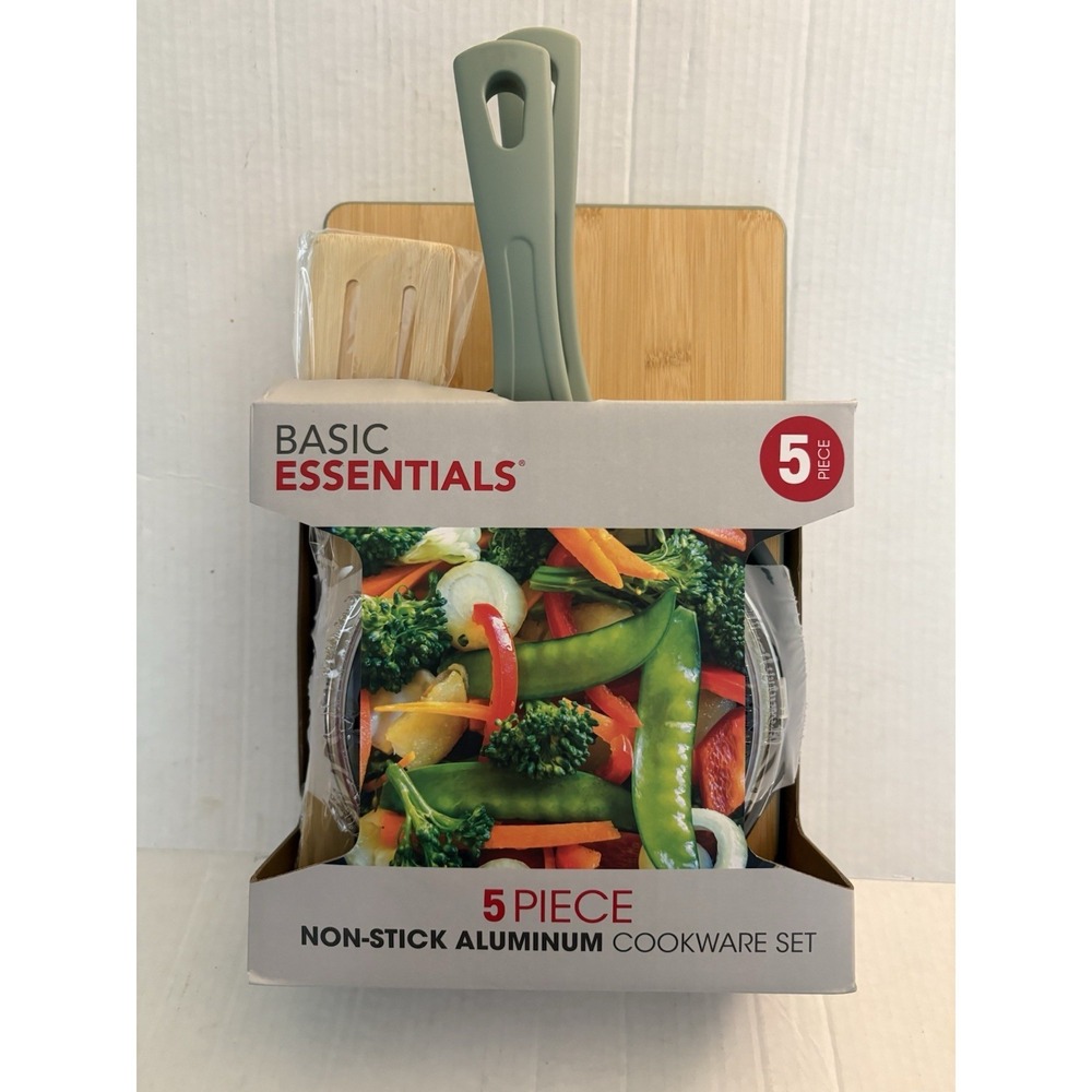 Basic Essentials 5 Pc. Non-Stick Aluminum Cookware Set Cool Touch Handles Green